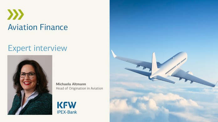 Portrait von Michaela Altmann und Bild eines Flugzeugs in der Luft von hinten
