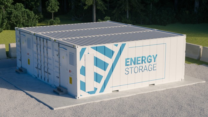 Concept of energy storage unit consisting of multiple connected containers with batteries. 3d rednering.