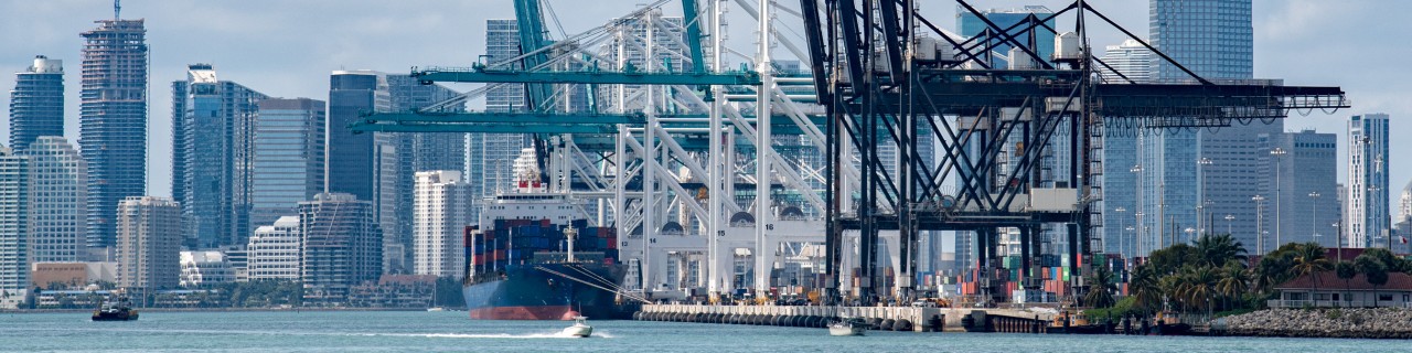 View of port facilities and skyscrapers in the background