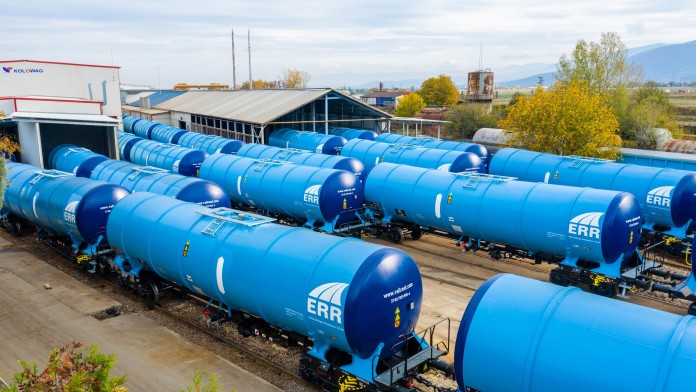 many blue freight waggons