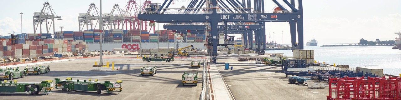 long green transport vehicle in container harbour