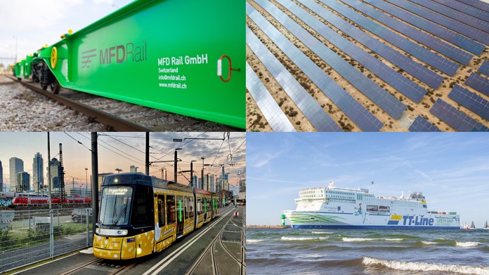 Collage mit zwei Zügen, einem Schiff und einem Solarpark
