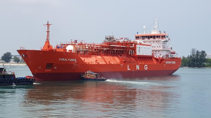 großes rotes Tankschiff auf dem Wasser