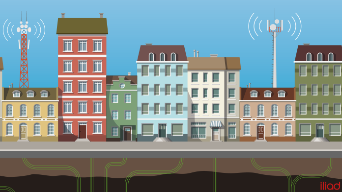 animation of telekom infrastructure in street with houses