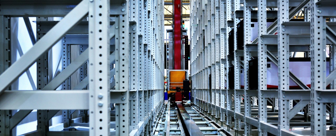 Empty shelf at modern distribution warehouse workshop