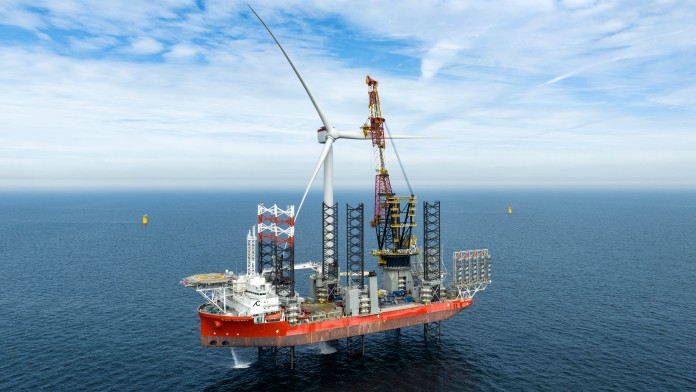 Wind turbine installation vessel in use at sea