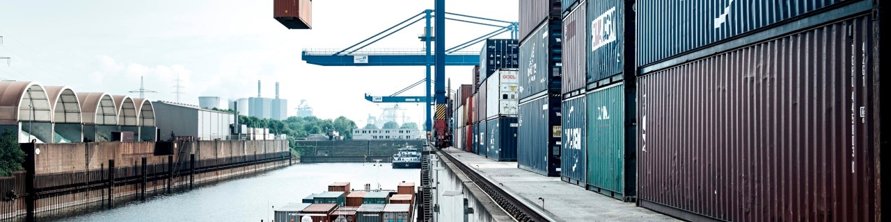 View of an inland port with crane installations, containers, and ships
