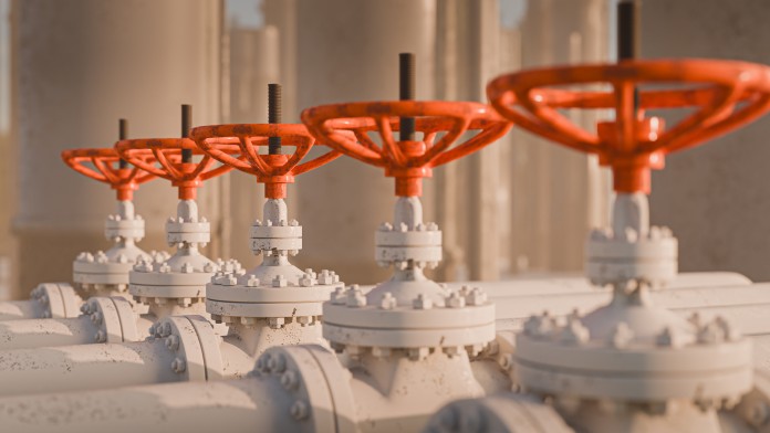 Gasventile Übertragung, Ventil an Rohrleitung, 3D-Rendering