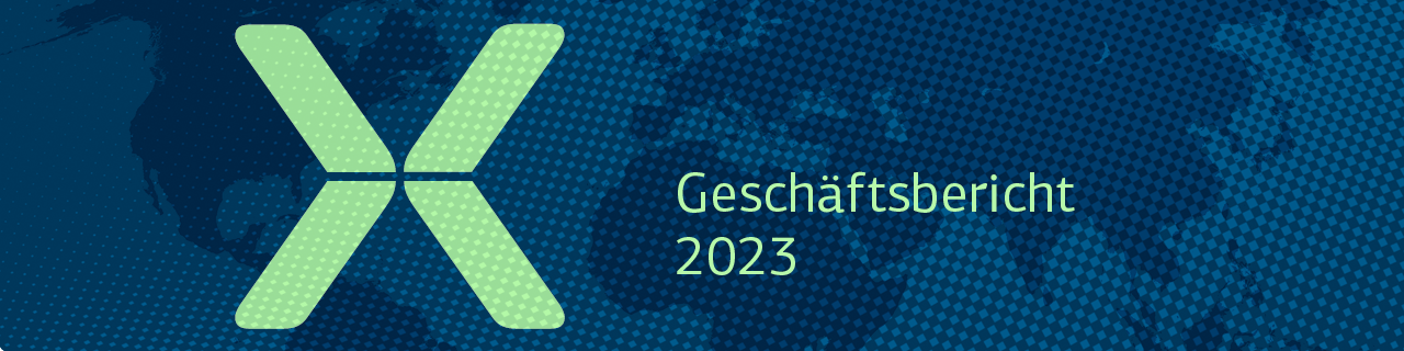 Weltkarte mit Schriftzug "Geschäftsbericht 2023"