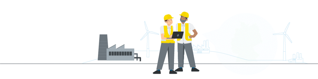 Animierte Illustration von Industriearbeitern mit Laptop vor Fabrik und Windkraftanlagen. Symbolisiert nachhaltige Industrie, Energiewende und Stärkung des Wirtschaftsstandorts Deutschland. Links zählt eine animierte Zahl hoch auf den Wert 35%, der die Neuzusagen der KfW IPEX-Bank mit Deutschlandbezug in 2025 ausdrückt.
