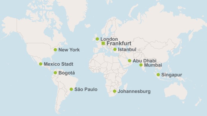 Landkarte mit den weltweiten Standorten der KfW IPEX-Bank