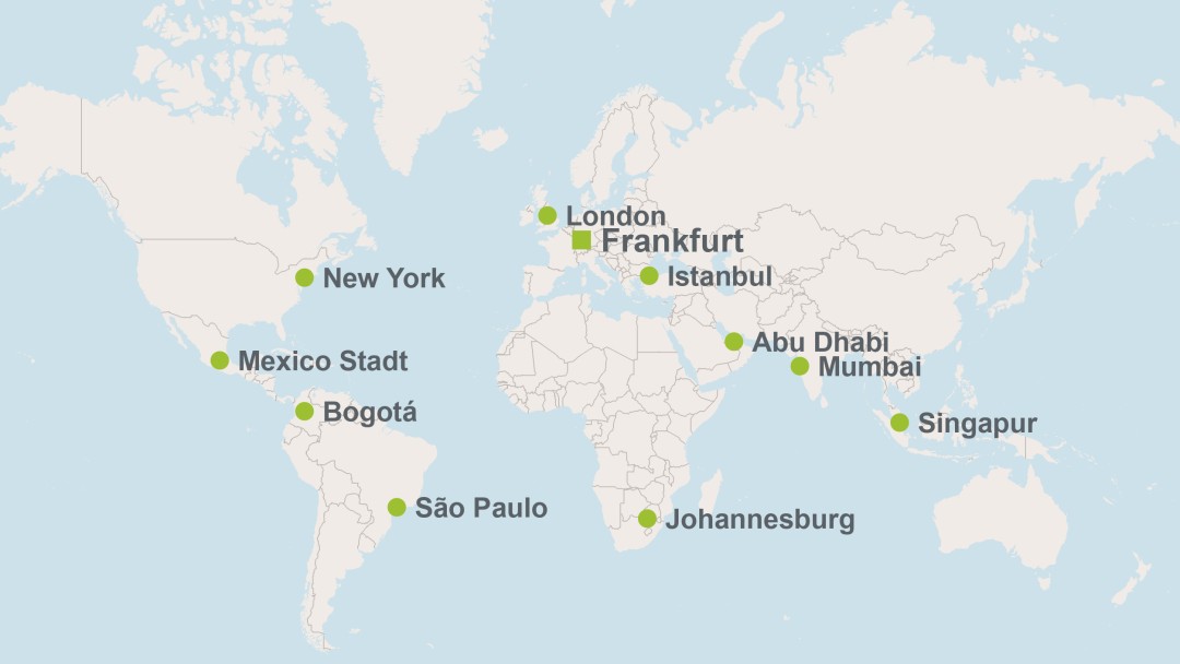 Landkarte mit den weltweiten Standorten der KfW IPEX-Bank