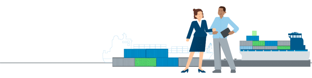 Animierte Illustration von zwei Geschäftspartnern vor Containern und Frachtschiff im Hafen. Symbolisiert internationalen Handel, Exportwirtschaft und globale Lieferketten. Links zählt eine animierte Zahl auf den Wert 4,4 Milliarden Euro hoch. Das entspricht den ECA-Transaktionen der KfW IPEX-Bank in 2025. 