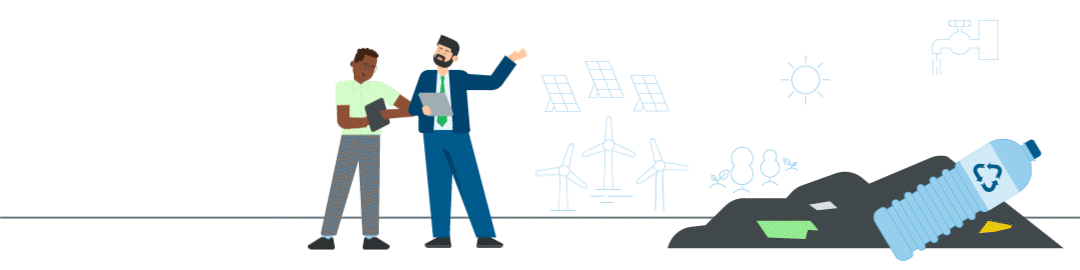 Animierte Illustration zu Klimaschutz und Kreislaufwirtschaft mit zwei Personen, Recycling-Symbol, erneuerbaren Energien sow Solar- und Windkraft sowie nachhaltigem Ressourcenmanagement. Links zählt eine animierte Zahl auf den Wert 25% hoch, der die Umweltquote der KfW IPEX-Bank in 2025 darstellt. Sprich die Finanzierungen für nachhaltige Projekte.