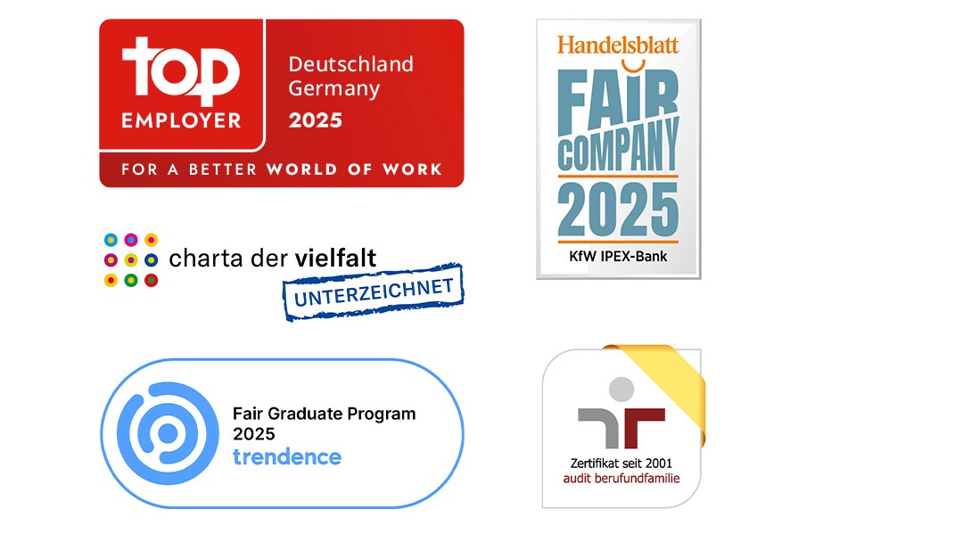 Logos Top employer 2025, Fair Company 2025, audit berufundfamilie seit 2001, Faires Trainee Programm 2025, Charta der Vielfalt unterzeichnet